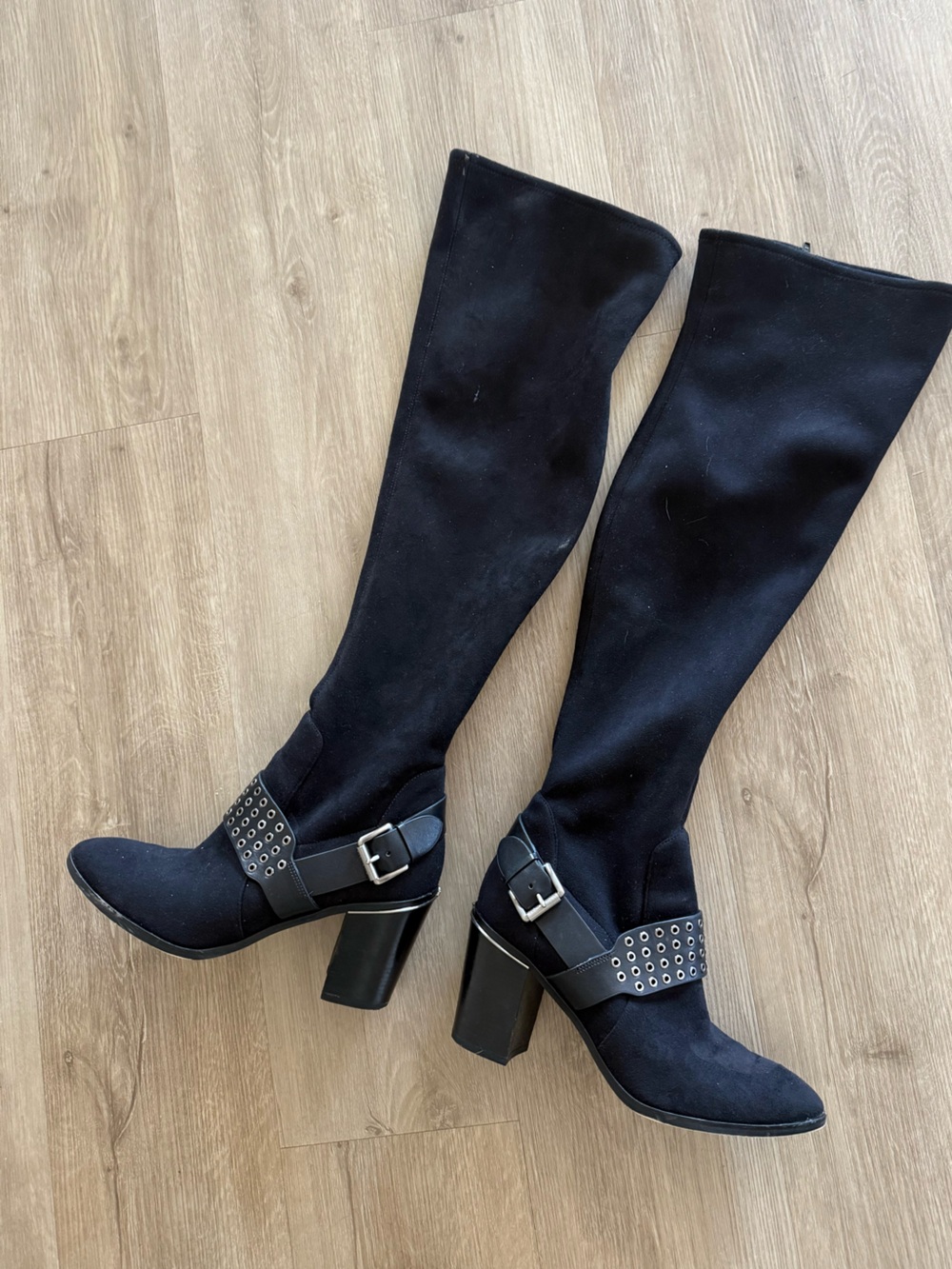 Michael Kors Black Over-the-Knee Suede Boots with Studded Strap